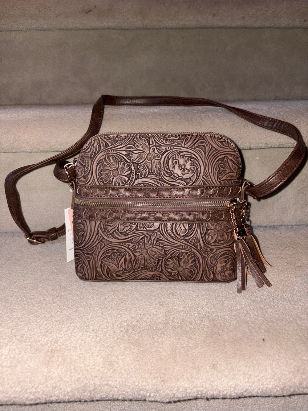 Joe Fresh Embossed Floral Crossbody Bag in Brown